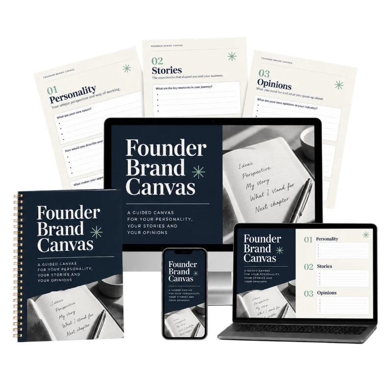 Founder Brand Canvas workbook, worksheets and devices showing the guided canvas