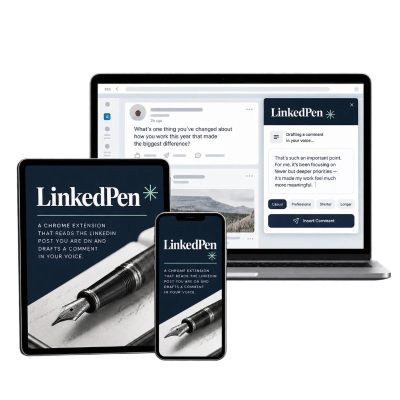 LinkedPen Chrome extension drafting a comment on a laptop, with tablet and phone