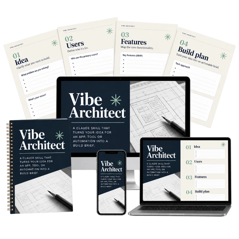 Vibe Architect workbook, brief pages and devices showing the build brief